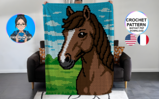 Cheval brun - patron de couverture C2C au crochet avec motif pixel art et grille C2C détaillée pour couverture au crochet