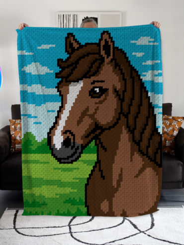 Cheval brun - patron de couverture C2C au crochet avec motif pixel art et grille C2C détaillée pour couverture au crochet