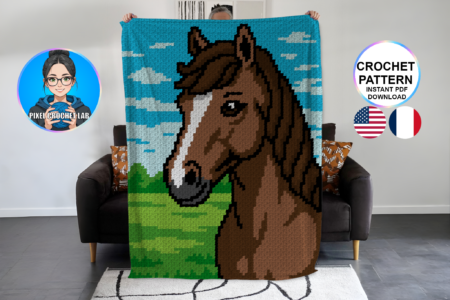 Cheval brun - patron de couverture C2C au crochet avec motif pixel art et grille C2C détaillée pour couverture au crochet