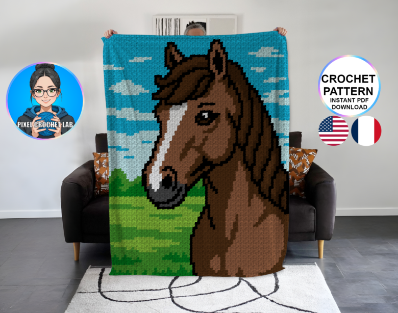 Cheval brun - patron de couverture C2C au crochet avec motif pixel art et grille C2C détaillée pour couverture au crochet