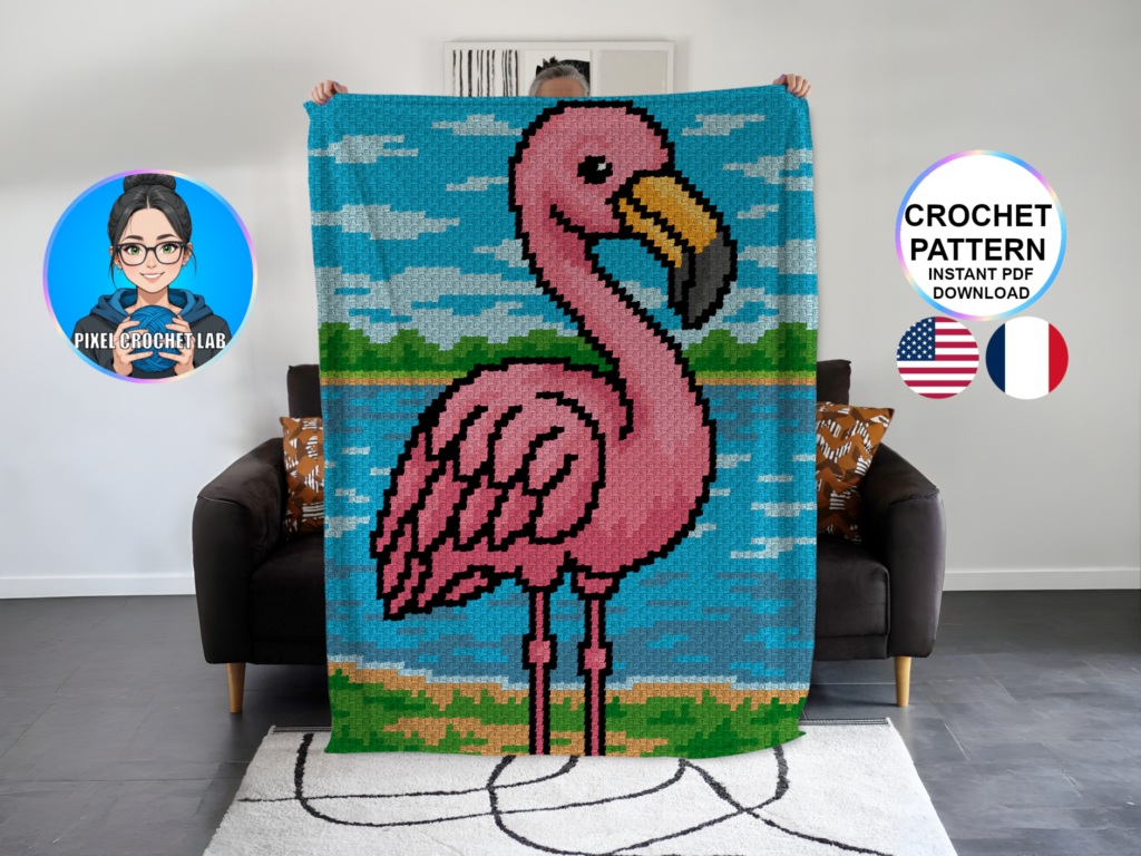 Flamant rose – patron de couverture C2C au crochet