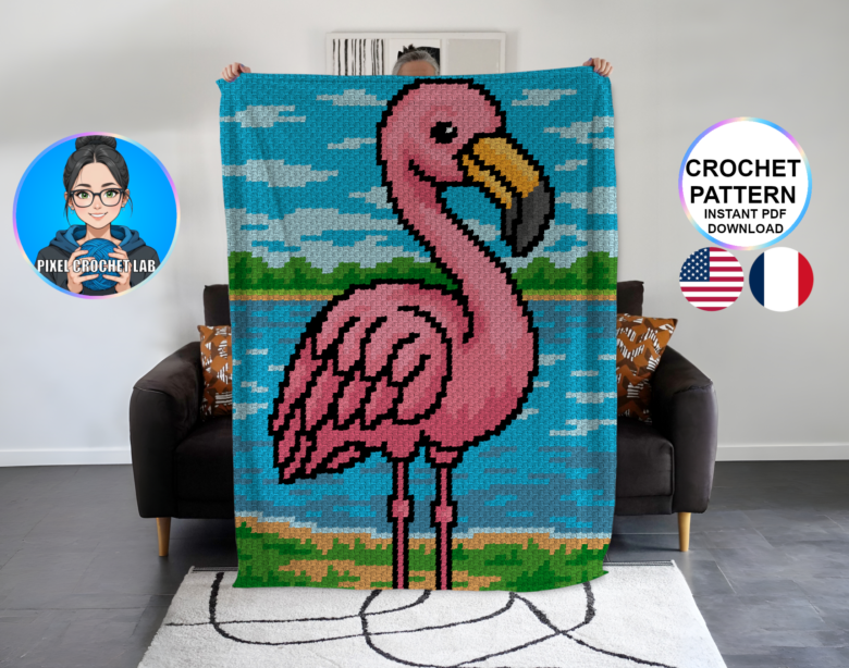 Flamant rose – patron de couverture C2C au crochet
