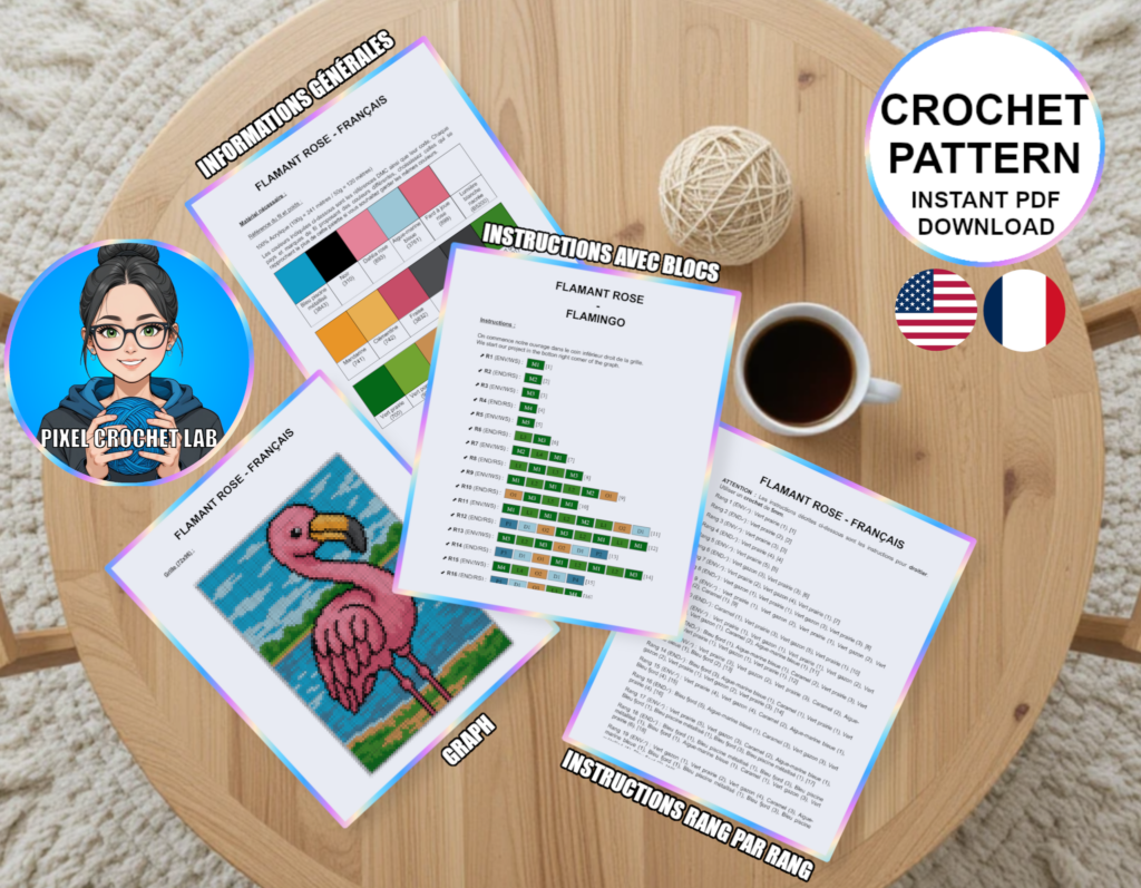 Flamant rose – patron de couverture C2C au crochet