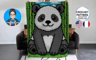 Panda – patron de couverture C2C au crochet d'un panda mignon entouré de bambous, avec des couleurs noir, blanc et verts.