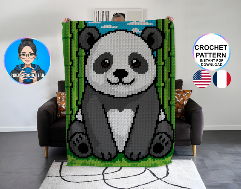 Panda – patron de couverture C2C au crochet d'un panda mignon entouré de bambous, avec des couleurs noir, blanc et verts.