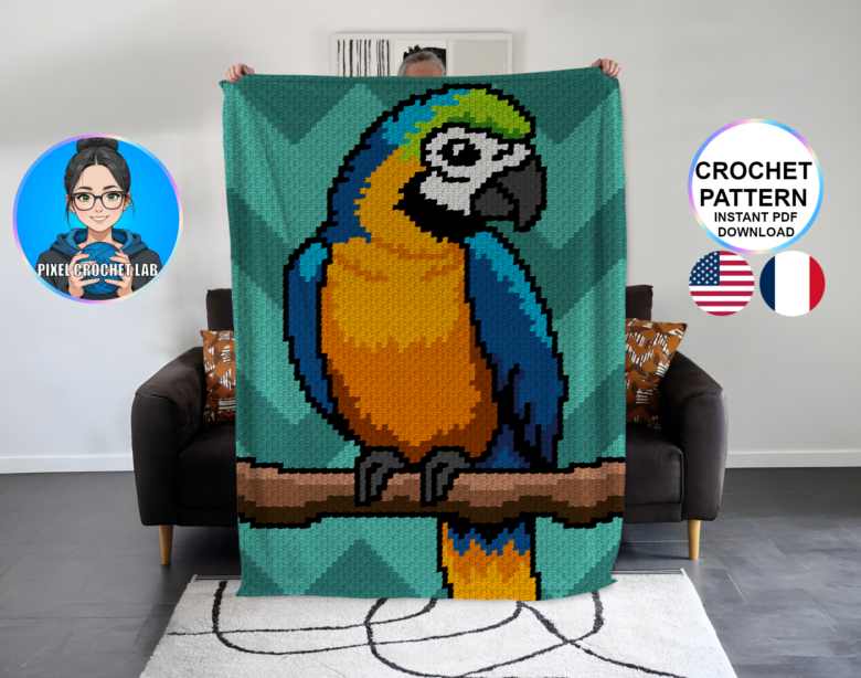 Perroquet – patron de couverture C2C au crochet