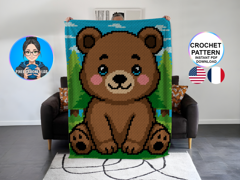 Petit ours brun – patron de couverture C2C au crochet