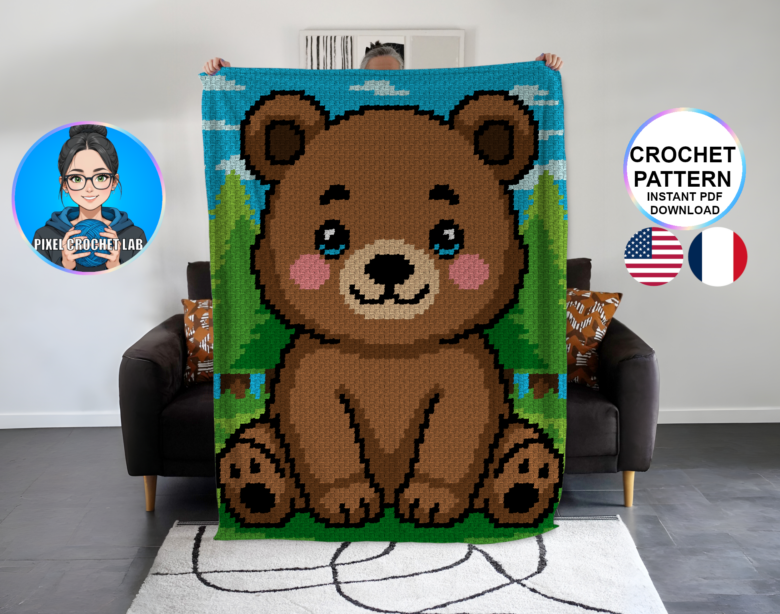 Petit ours brun – patron de couverture C2C au crochet