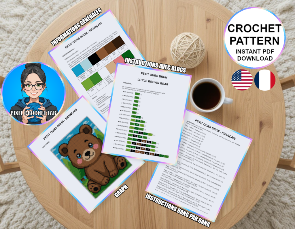 Petit ours brun – patron de couverture C2C au crochet