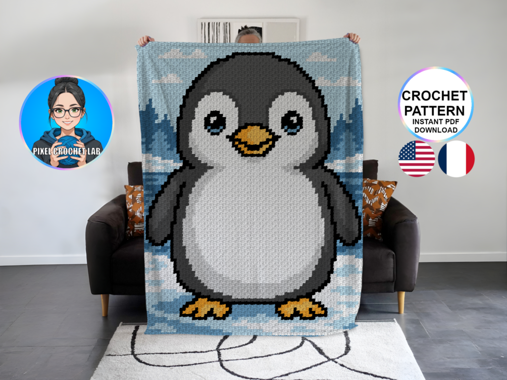 Pingouin - patron de couverture C2C au crochet