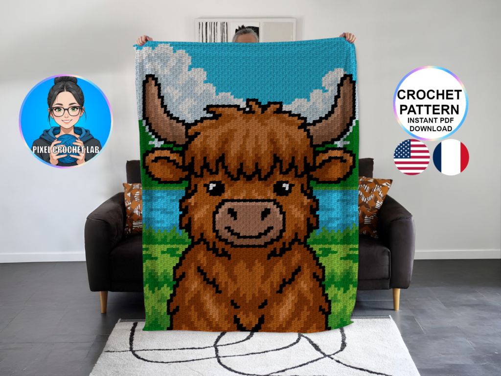 Vache des Highlands - patron de couverture C2C au crochet