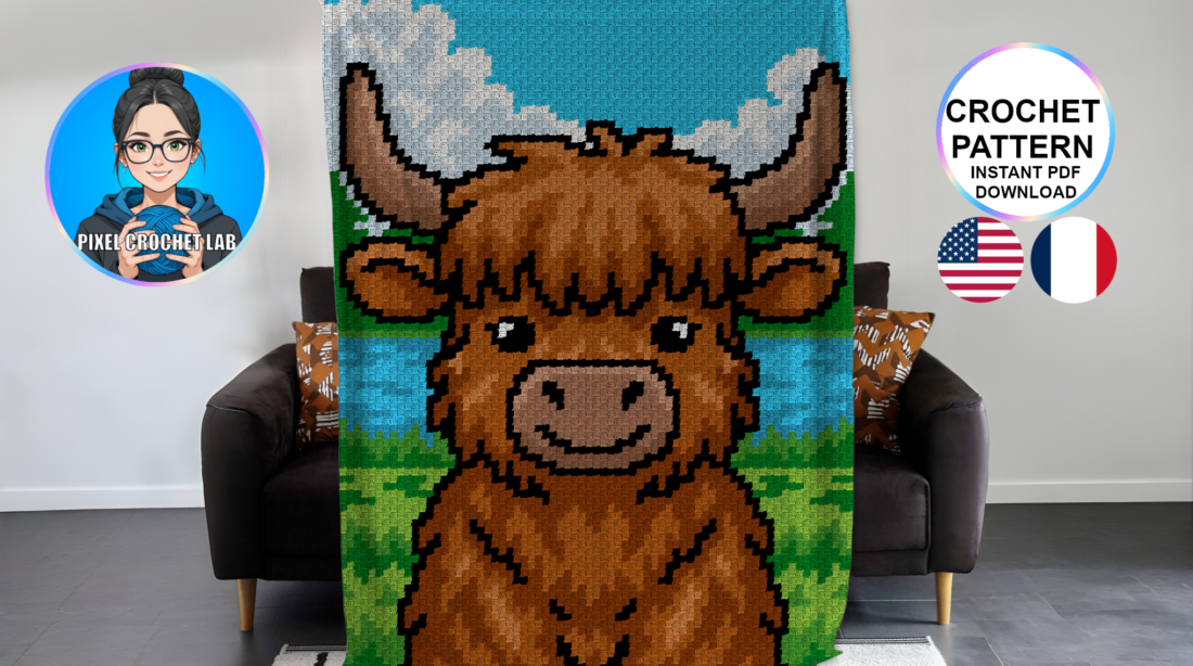 Vache des Highlands - patron de couverture C2C au crochet