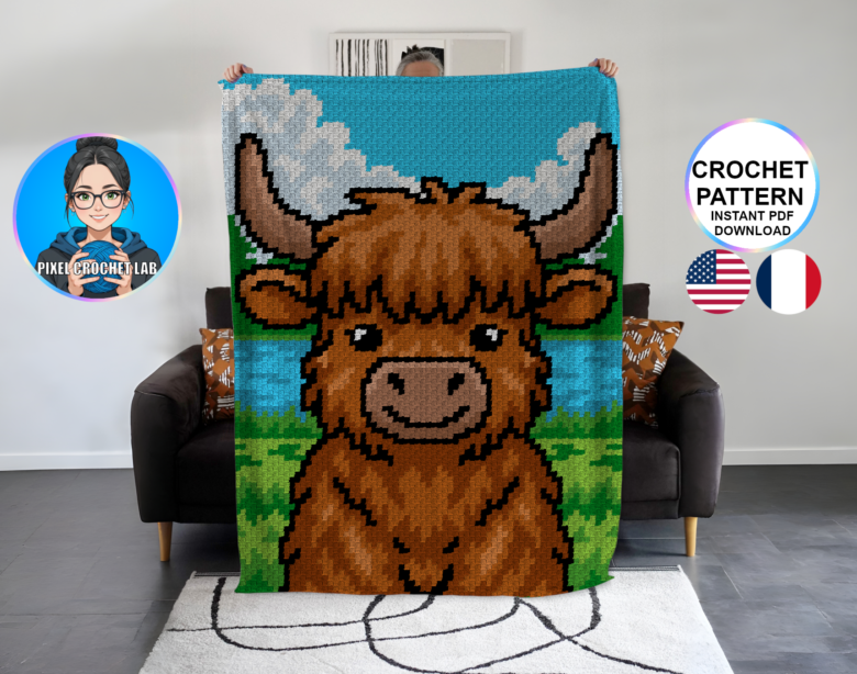 Vache des Highlands - patron de couverture C2C au crochet