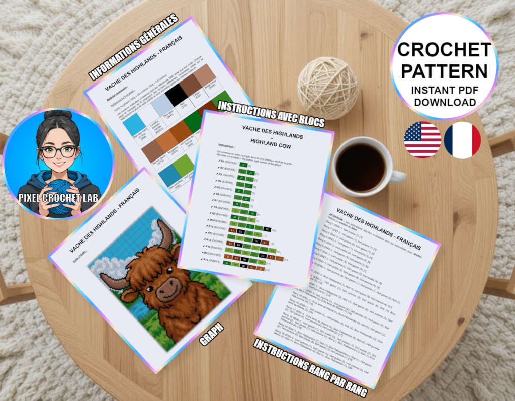 Vache des Highlands - patron de couverture C2C au crochet
