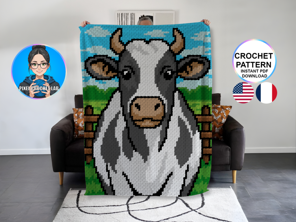 Vache - patron de couverture C2C au crochet