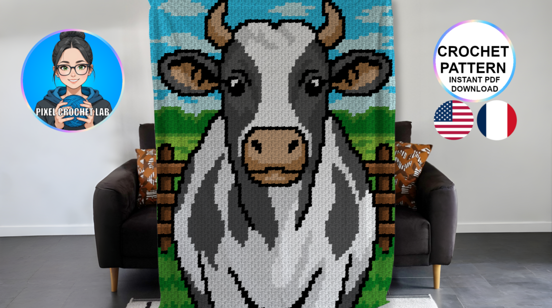 Vache - patron de couverture C2C au crochet