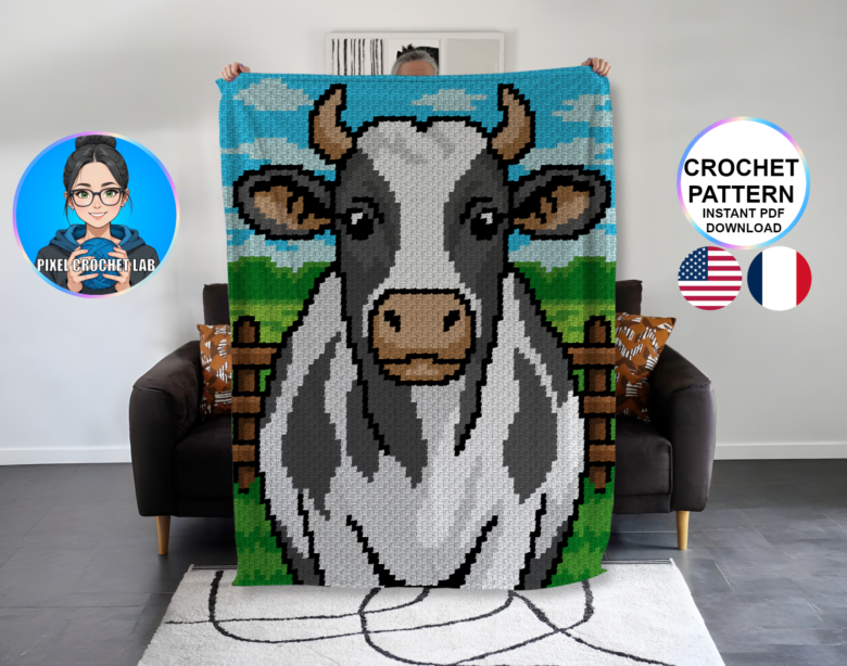 Vache - patron de couverture C2C au crochet