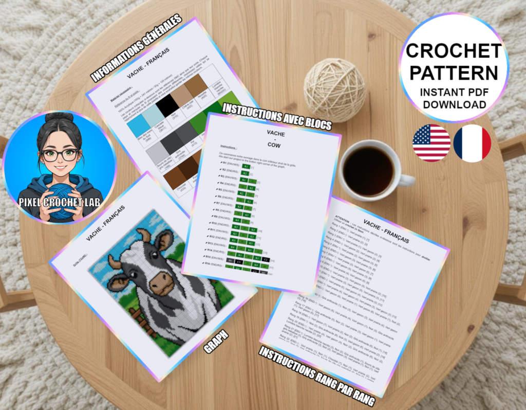Vache - patron de couverture C2C au crochet