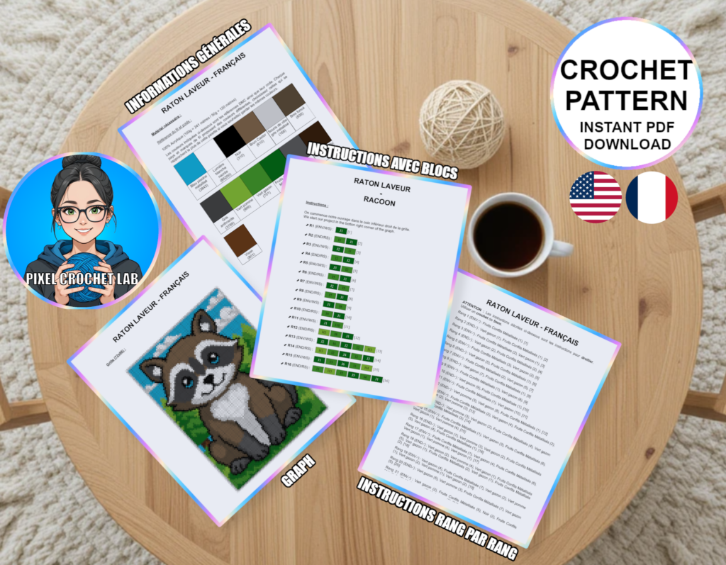 Raton laveur - patron de couverture C2C au crochet