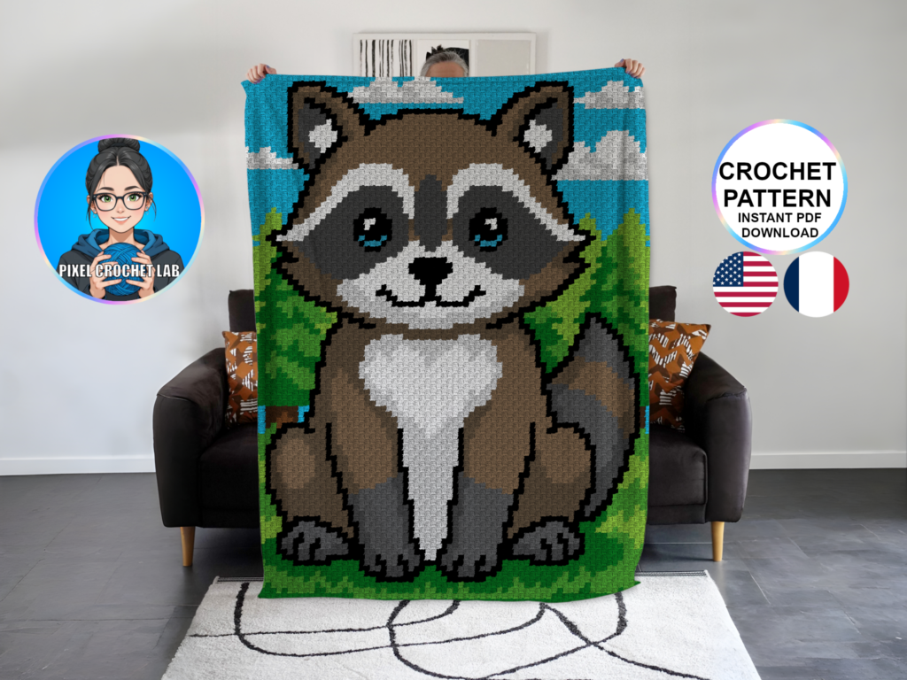 Raton laveur - patron de couverture C2C au crochet