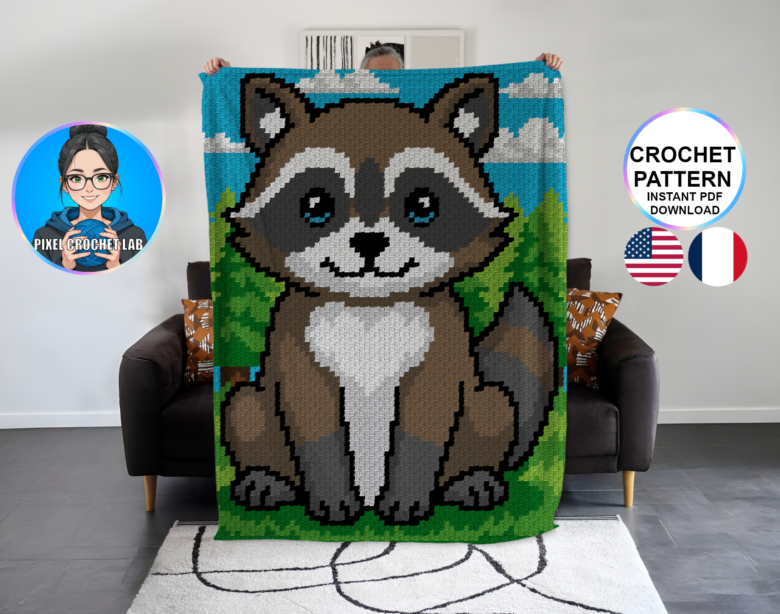 Raton laveur - patron de couverture C2C au crochet