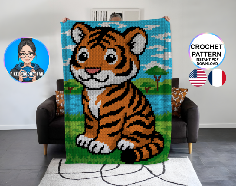 Bébé tigre - patron de couverture C2C au crochet