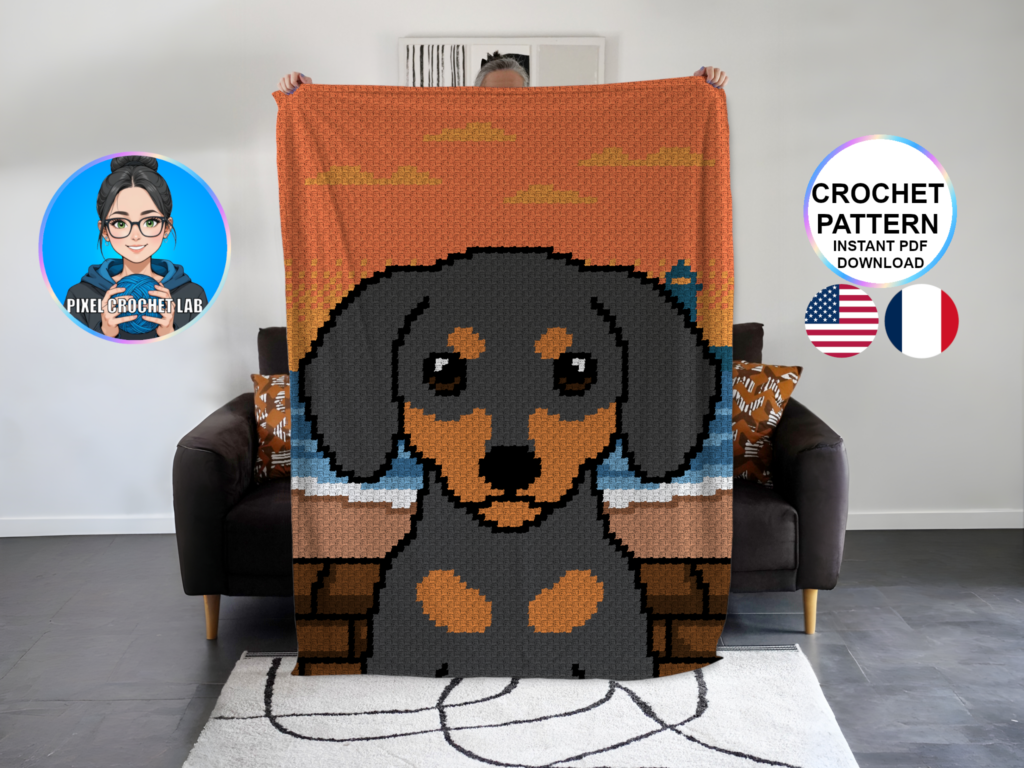Chien Teckel - patron de couverture C2C au crochet