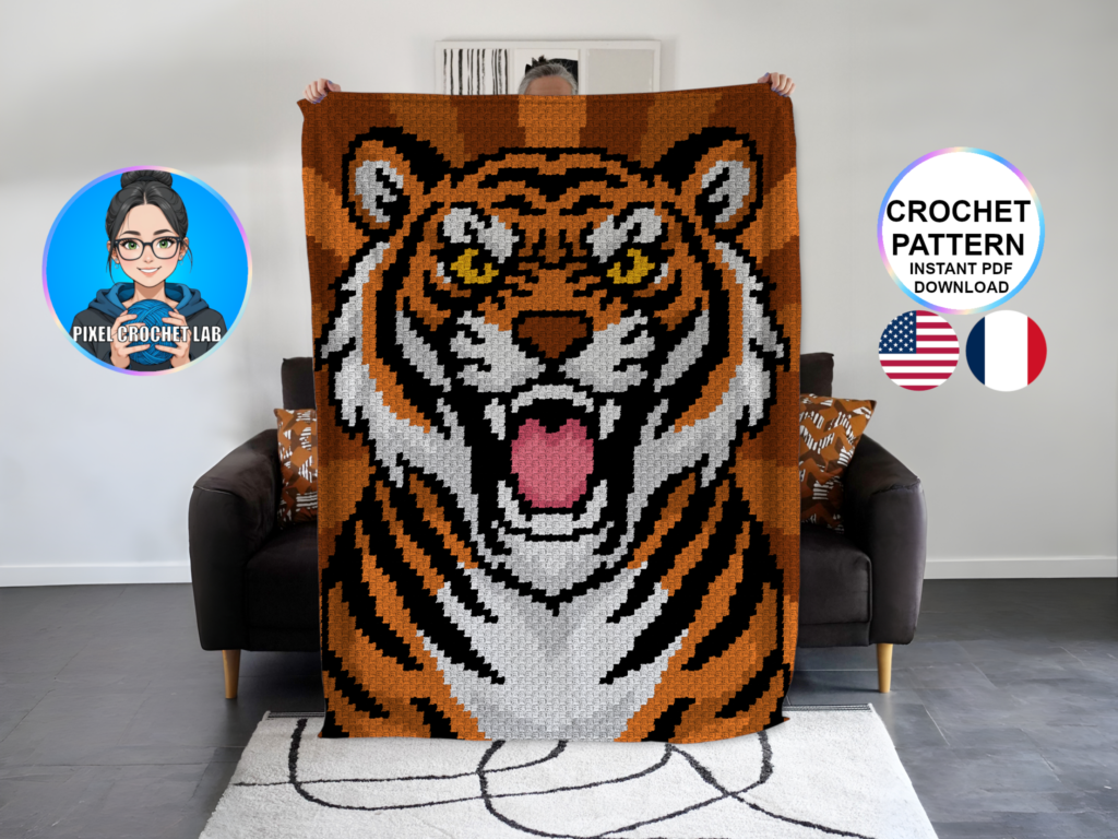 Tête de tigre - patron de couverture C2C au crochet