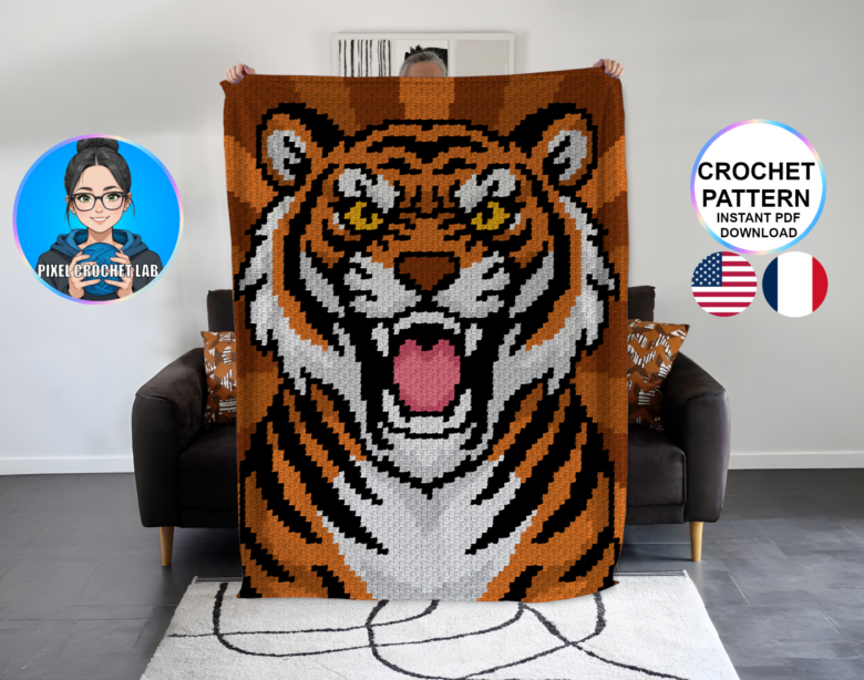 Tête de tigre - patron de couverture C2C au crochet