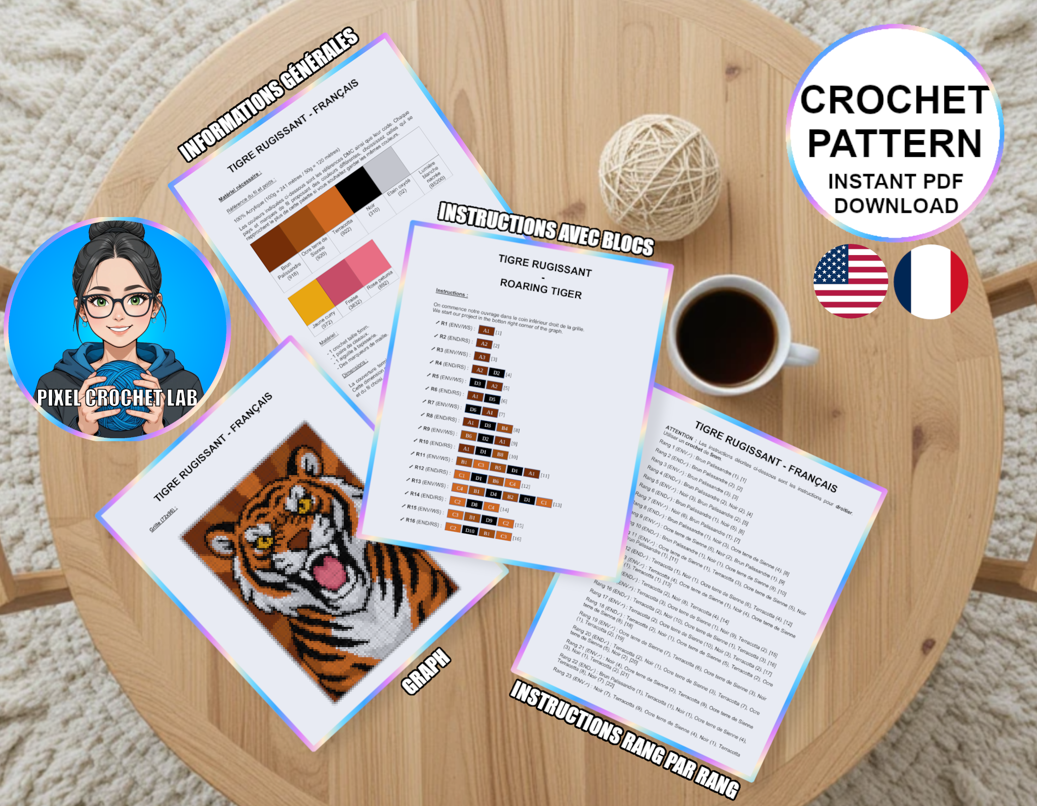 Tête de tigre - patron de couverture C2C au crochet