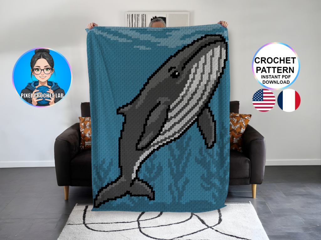 Baleine bleue - patron de couverture C2C au crochet