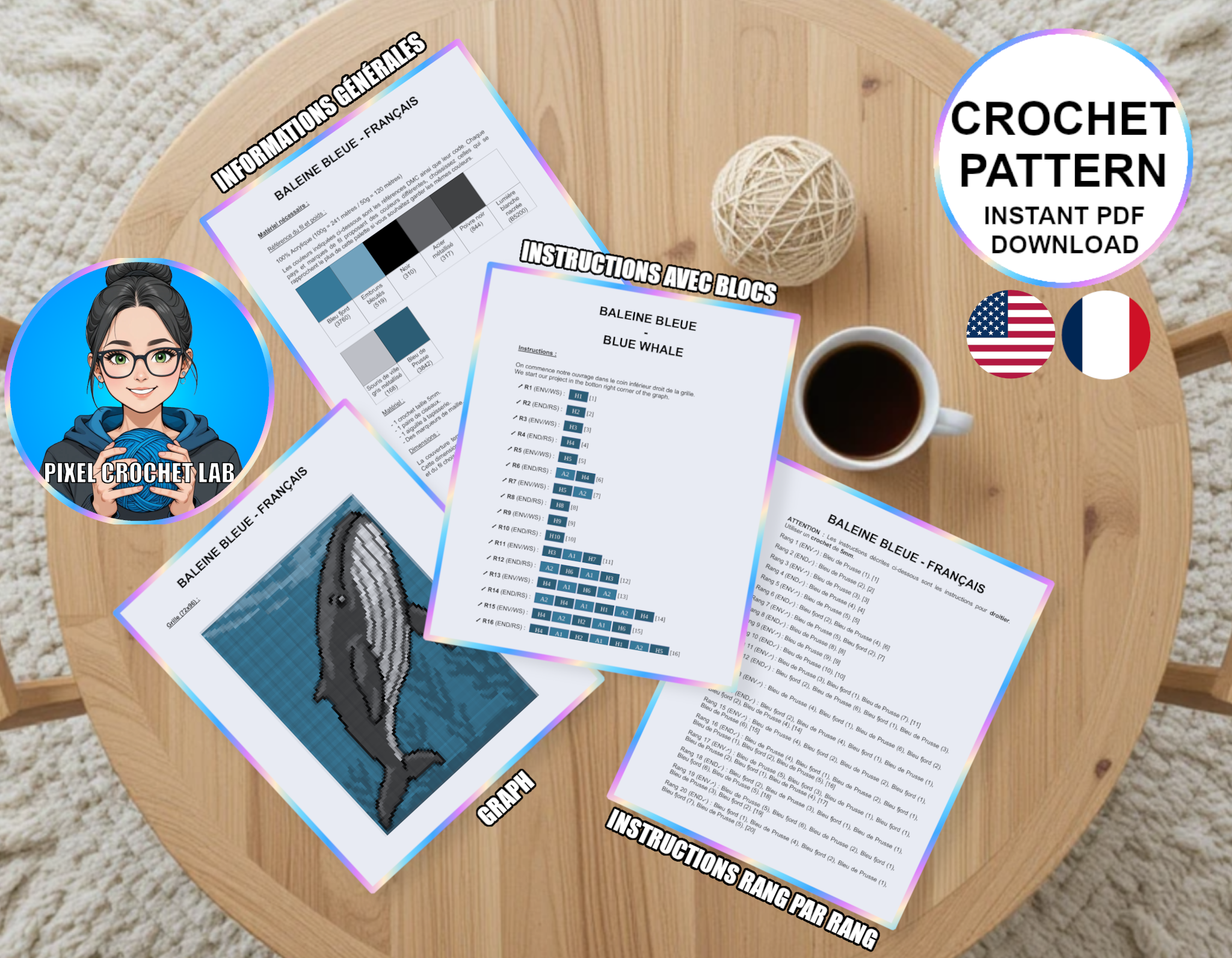 Baleine bleue - patron de couverture C2C au crochet