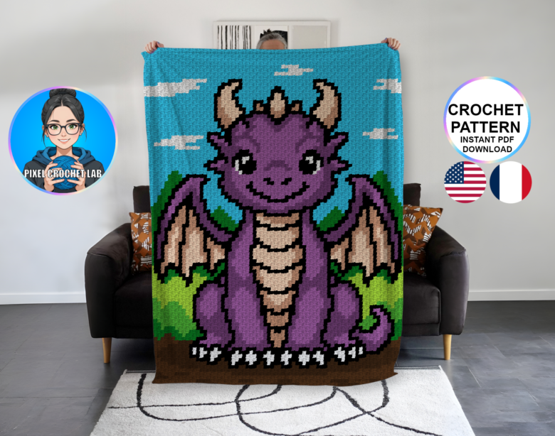 Bébé dragon - patron de couverture C2C au crochet