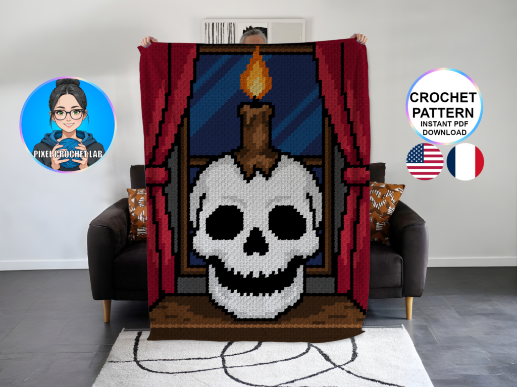 Bougeoir tête de mort - patron de couverture C2C au crochet