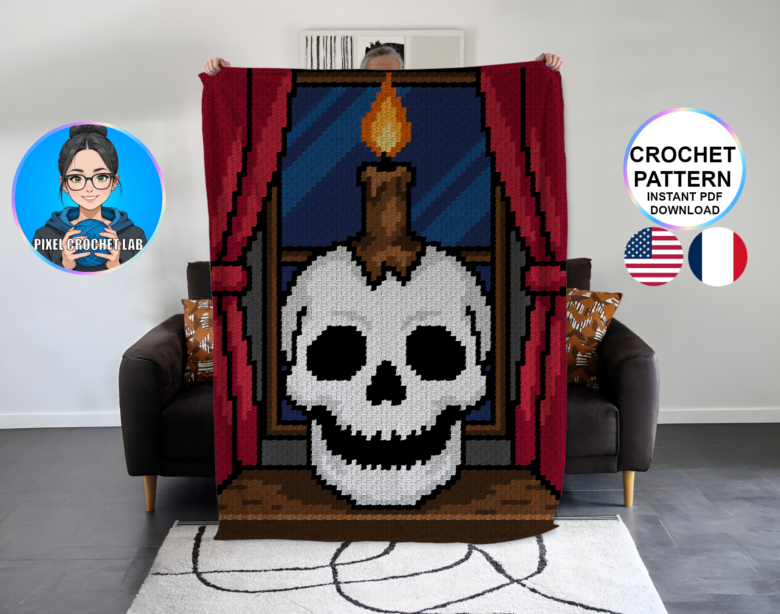 Bougeoir tête de mort - patron de couverture C2C au crochet