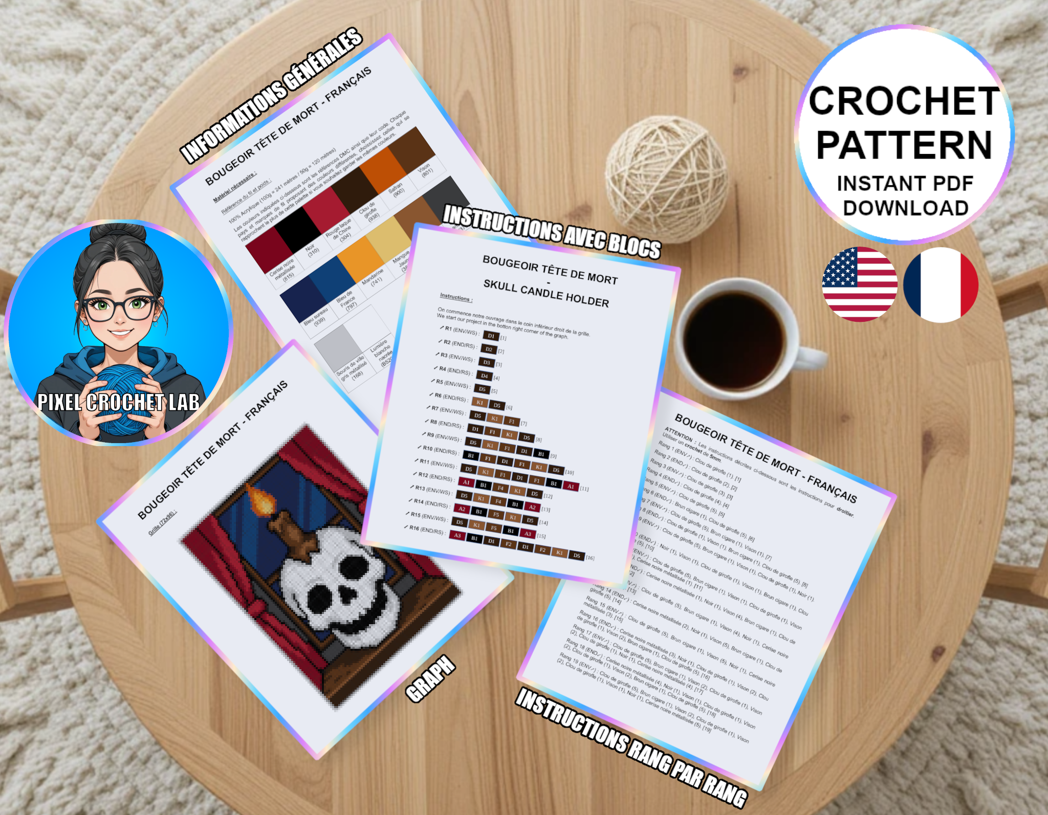 Bougeoir tête de mort - patron de couverture C2C au crochet