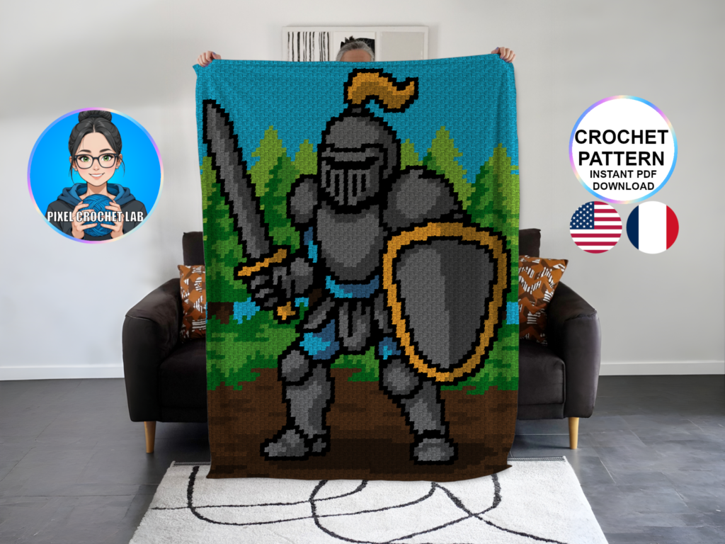 Chevalier en pixel art - patron de couverture C2C au crochet