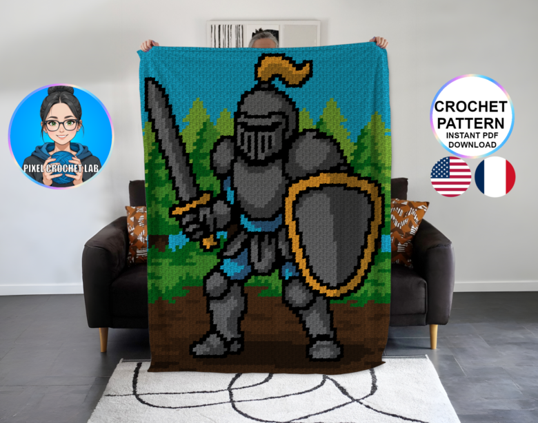 Chevalier en pixel art - patron de couverture C2C au crochet