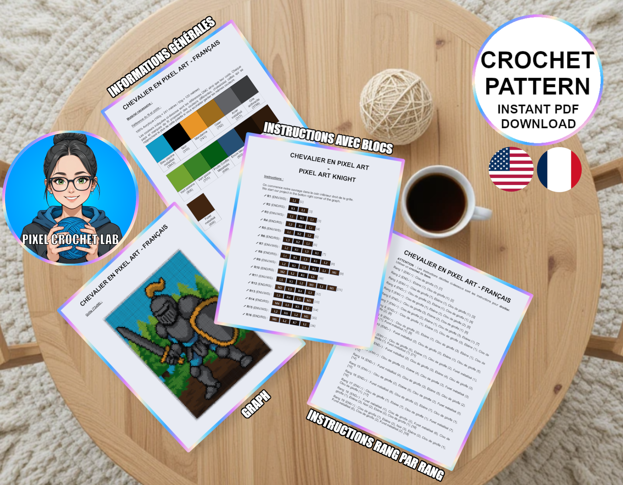 Chevalier en pixel art - patron de couverture C2C au crochet