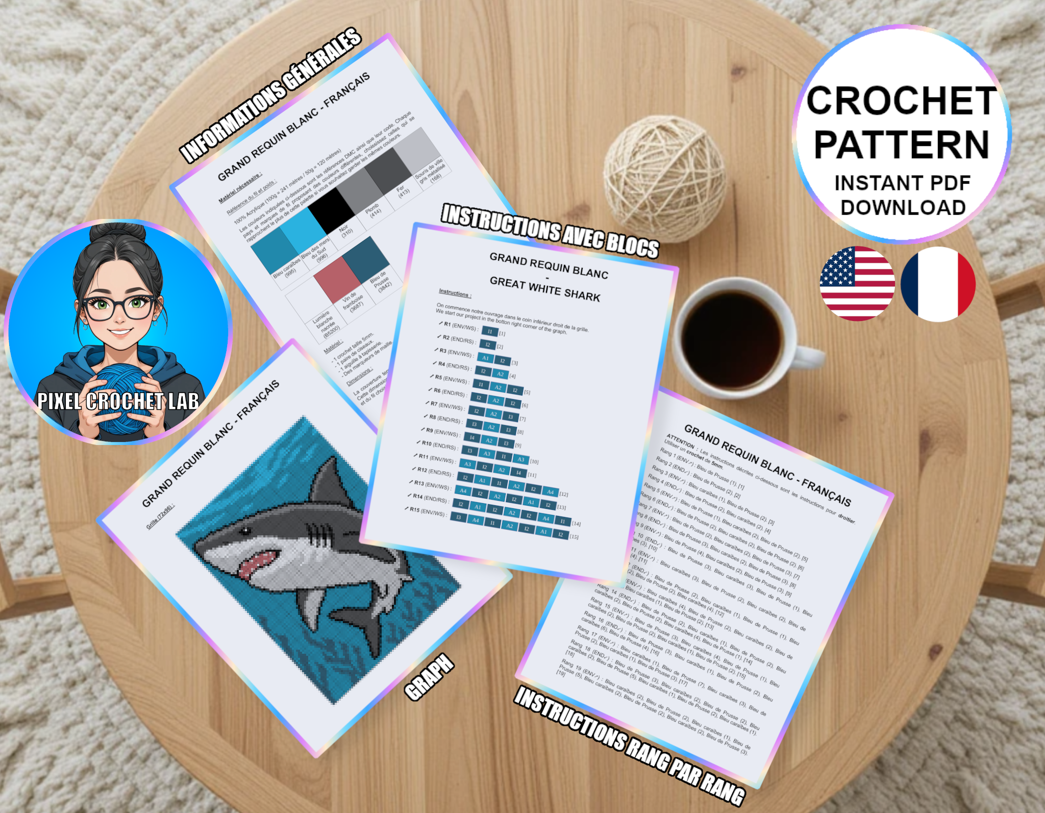 Grand requin blanc - patron de couverture C2C au crochet