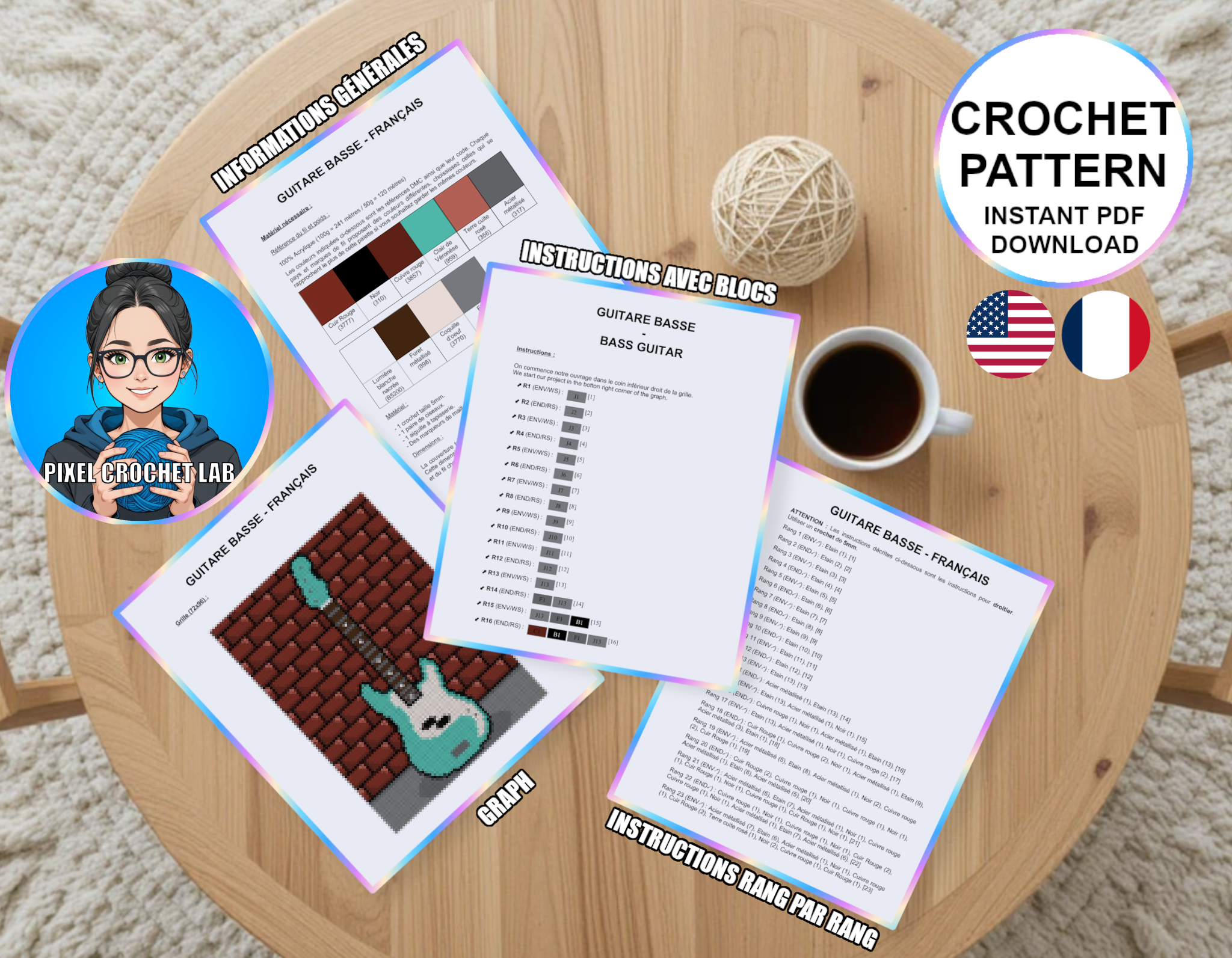 Guitare basse électrique - patron de couverture C2C au crochet