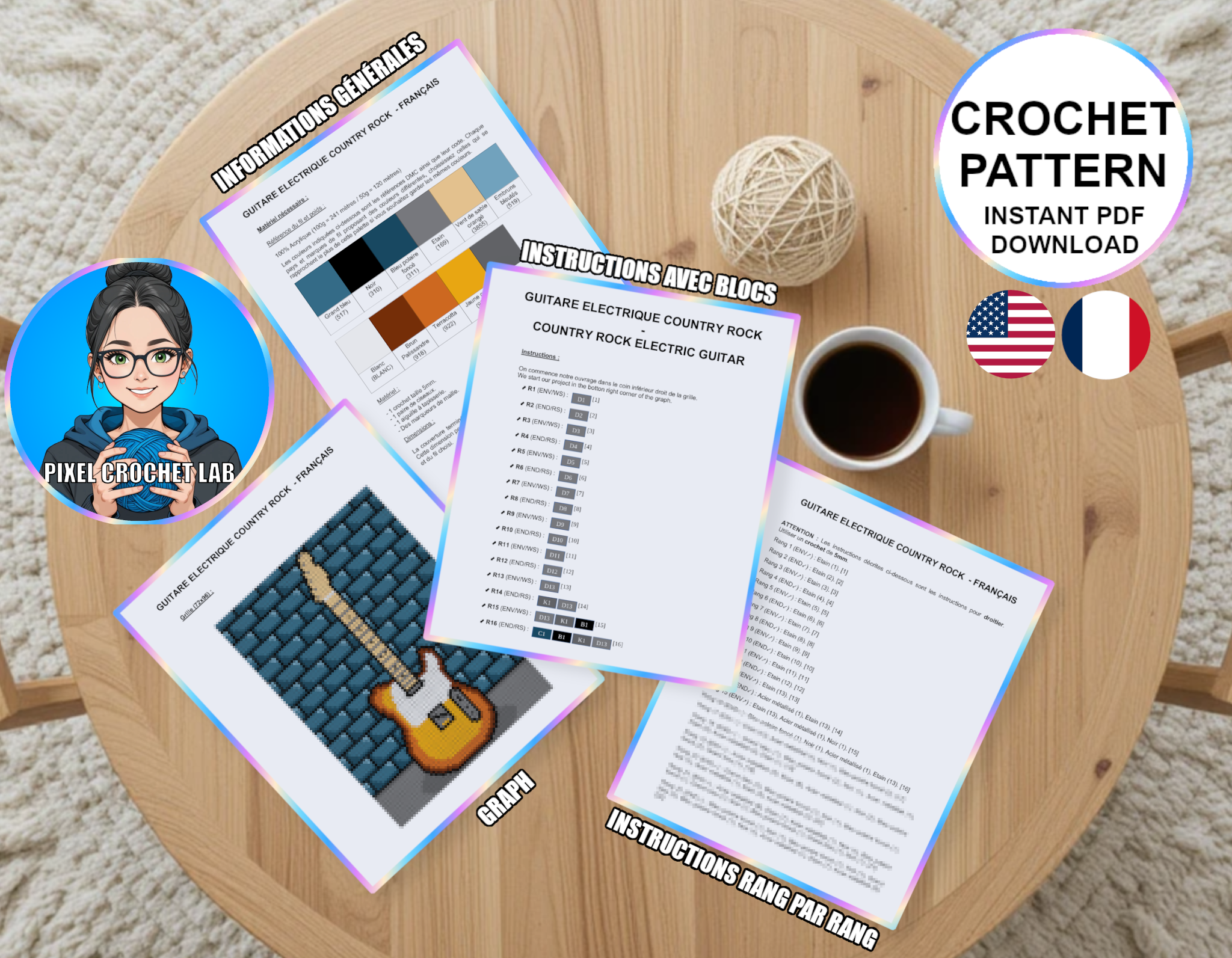 Guitare électrique country rock - patron de couverture C2C au crochet