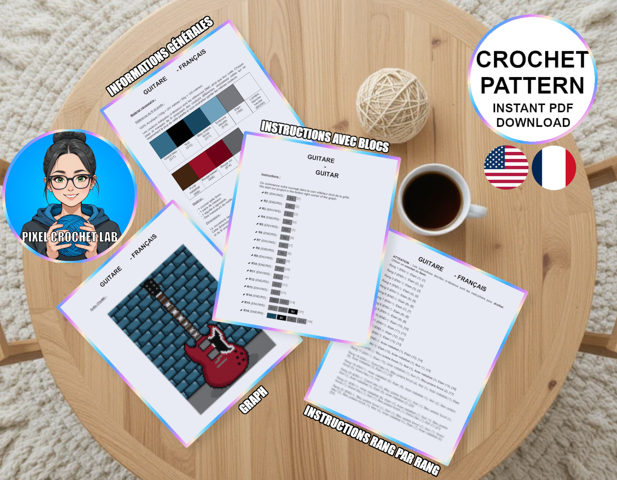 Guitare électrique type rock - patron de couverture C2C au crochet