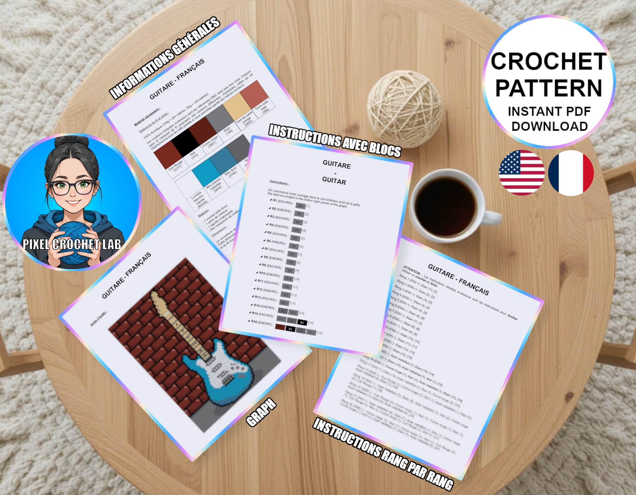 Guitare électrique vintage blues - patron de couverture C2C au crochet