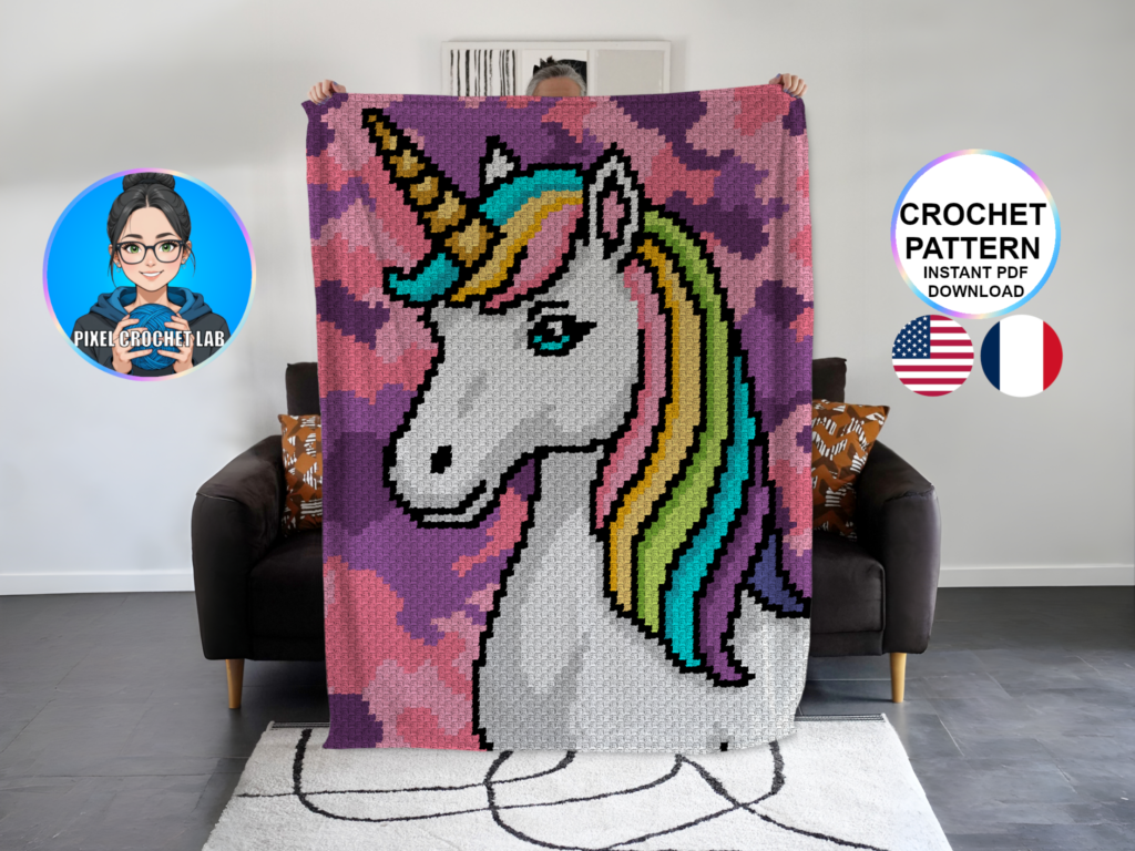 Licorne - patron de couverture C2C au crochet