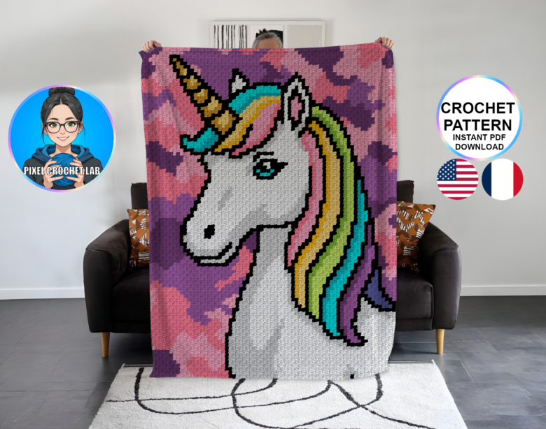 Licorne - patron de couverture C2C au crochet
